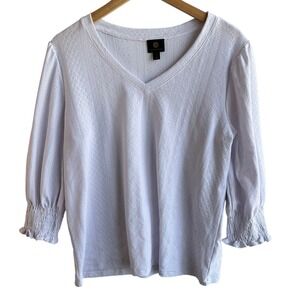 JM Collection Eyelet Top White 3/4 Sleeve Smocked Cuff Petite Large‎ Classic NWT